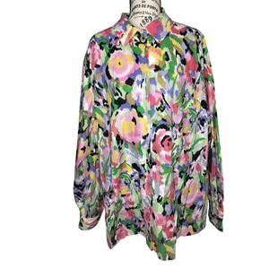Liz Claiborne 22W Floral Button Down Shirt Long Sleeve Cotton Multi Abstract NEW